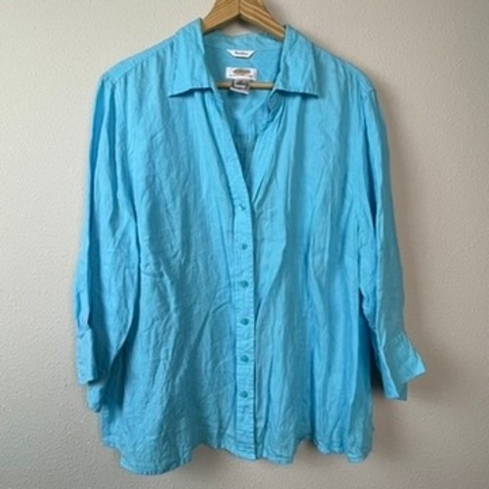 Talbots Irish Linen Shirt Women 3X Blue Minimalist Button Down Coastal Summer